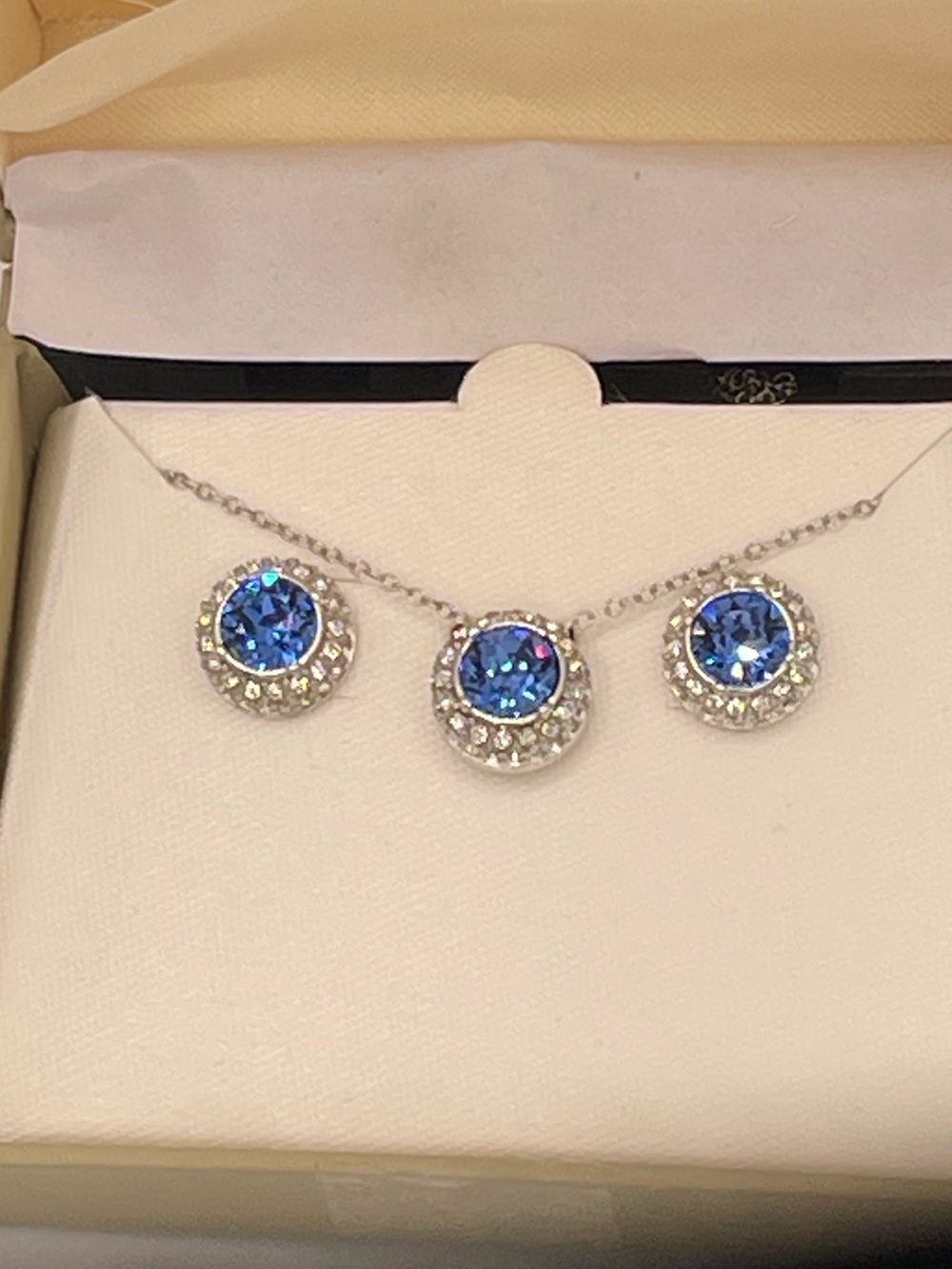 PAJ Sterling Silver Rhodium Plated Blue Crystal Halo Pendant & Earring Set